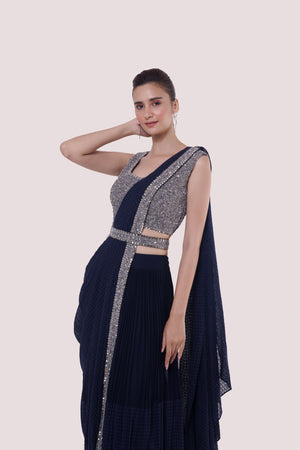 Buy beautiful navy blue georgette drape saree online in USA with belt. Look your best at parties and weddings in beautiful designer sarees, embroidered sarees, handwoven sarees, silk sarees, organza saris from Pure Elegance Indian saree store in USA.-closeup