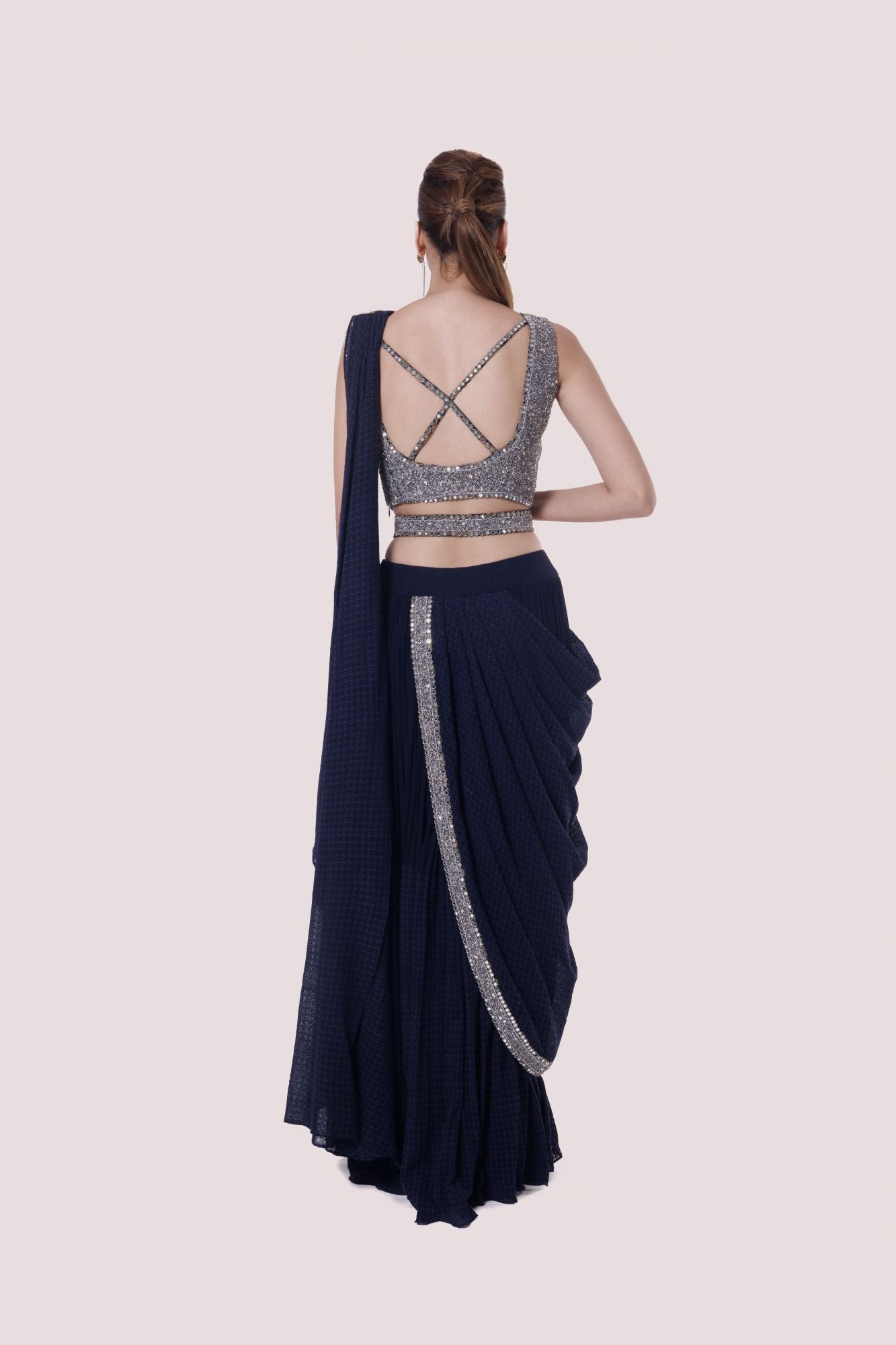 Buy beautiful navy blue georgette drape saree online in USA with belt. Look your best at parties and weddings in beautiful designer sarees, embroidered sarees, handwoven sarees, silk sarees, organza saris from Pure Elegance Indian saree store in USA.-back