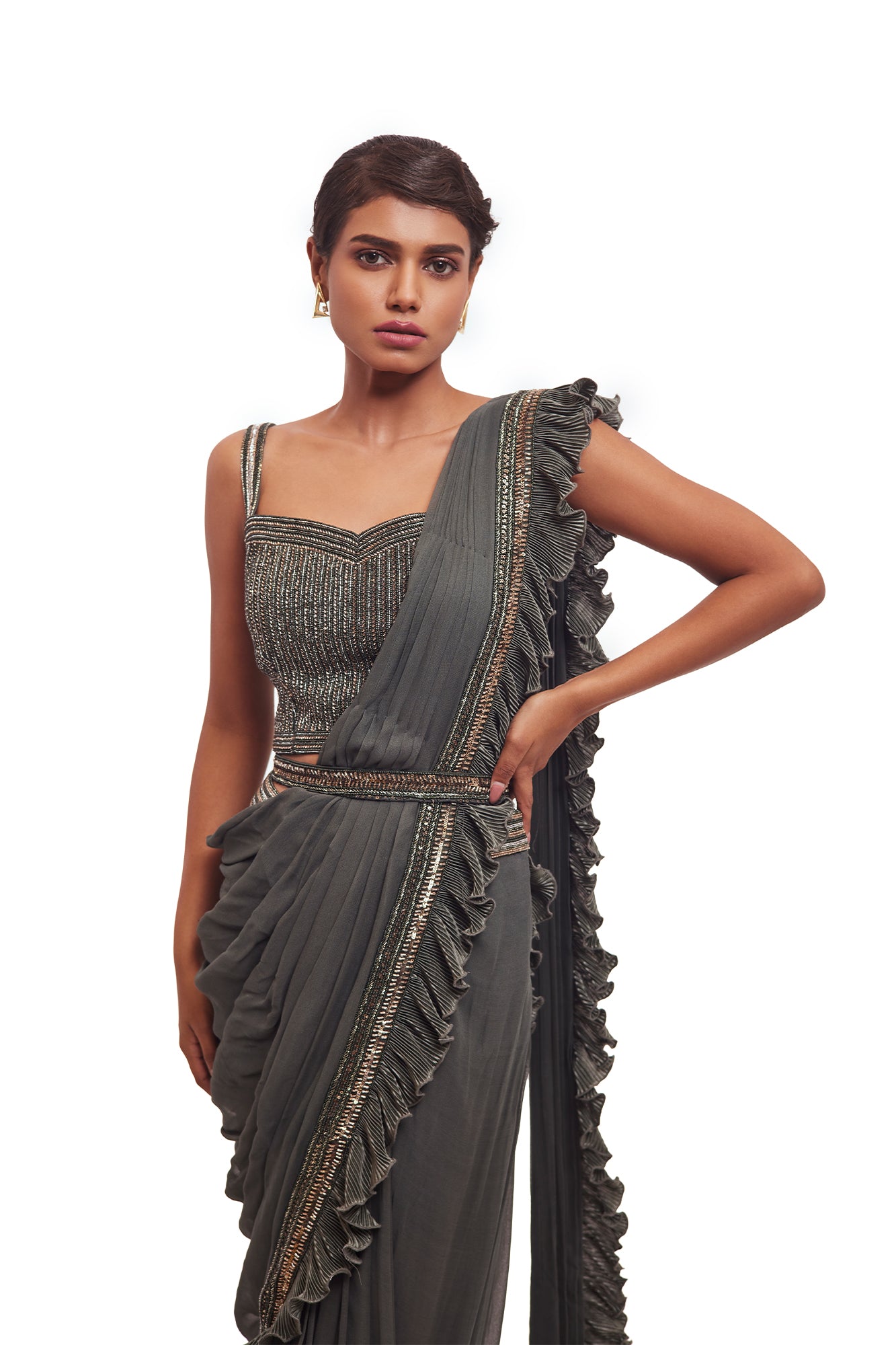 Shop beautiful drape green ruffle georgette lycra saree online in USA with belt. Look your best at parties and weddings in beautiful designer sarees, embroidered sarees, handwoven sarees, silk sarees, organza saris from Pure Elegance Indian saree store in USA.-closeup
