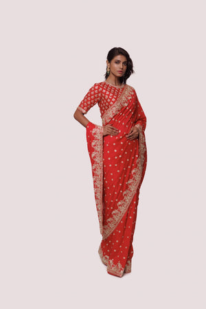 Buy red zardozi work tussar silk saree online in USA with blouse. Look your best at parties and weddings in beautiful designer sarees, embroidered sarees, handwoven sarees, silk sarees, organza saris from Pure Elegance Indian saree store in USA.-saree