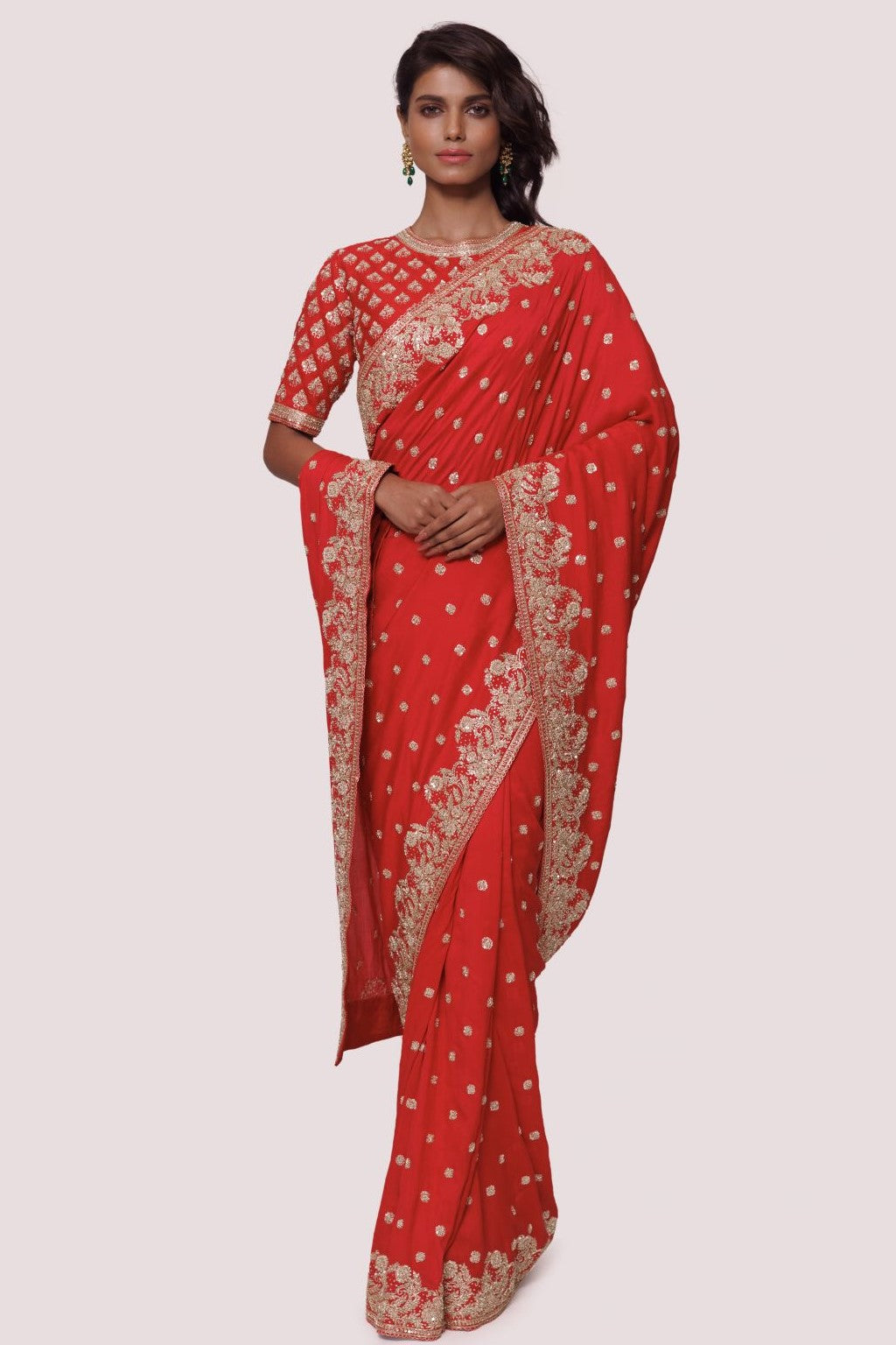Buy red zardozi work tussar silk saree online in USA with blouse. Look your best at parties and weddings in beautiful designer sarees, embroidered sarees, handwoven sarees, silk sarees, organza saris from Pure Elegance Indian saree store in USA.-full view