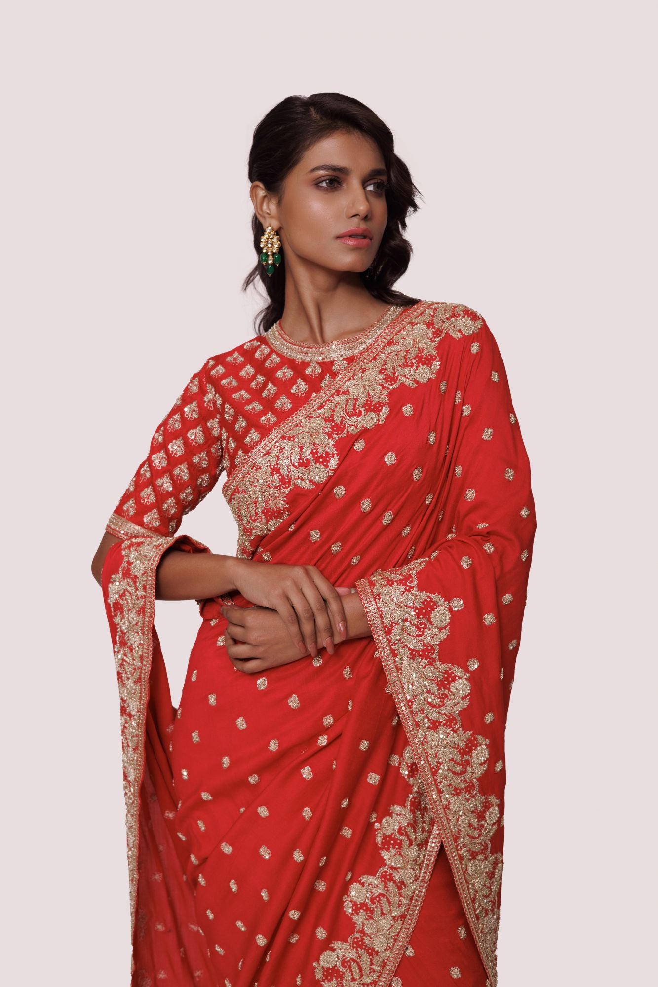 Buy red zardozi work tussar silk saree online in USA with blouse. Look your best at parties and weddings in beautiful designer sarees, embroidered sarees, handwoven sarees, silk sarees, organza saris from Pure Elegance Indian saree store in USA.-closeup