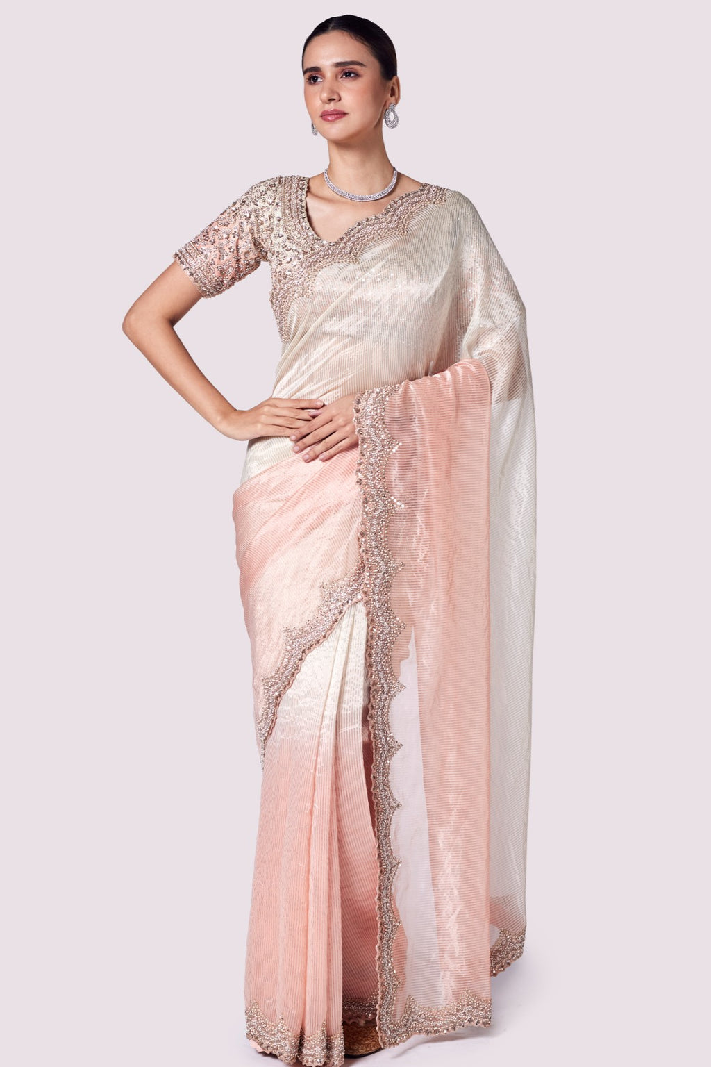 Shop beautiful ombre embroidered tissue saree online in USA with blouse. Look your best at parties and weddings in beautiful designer sarees, embroidered sarees, handwoven sarees, silk sarees, organza saris from Pure Elegance Indian saree store in USA.-full view