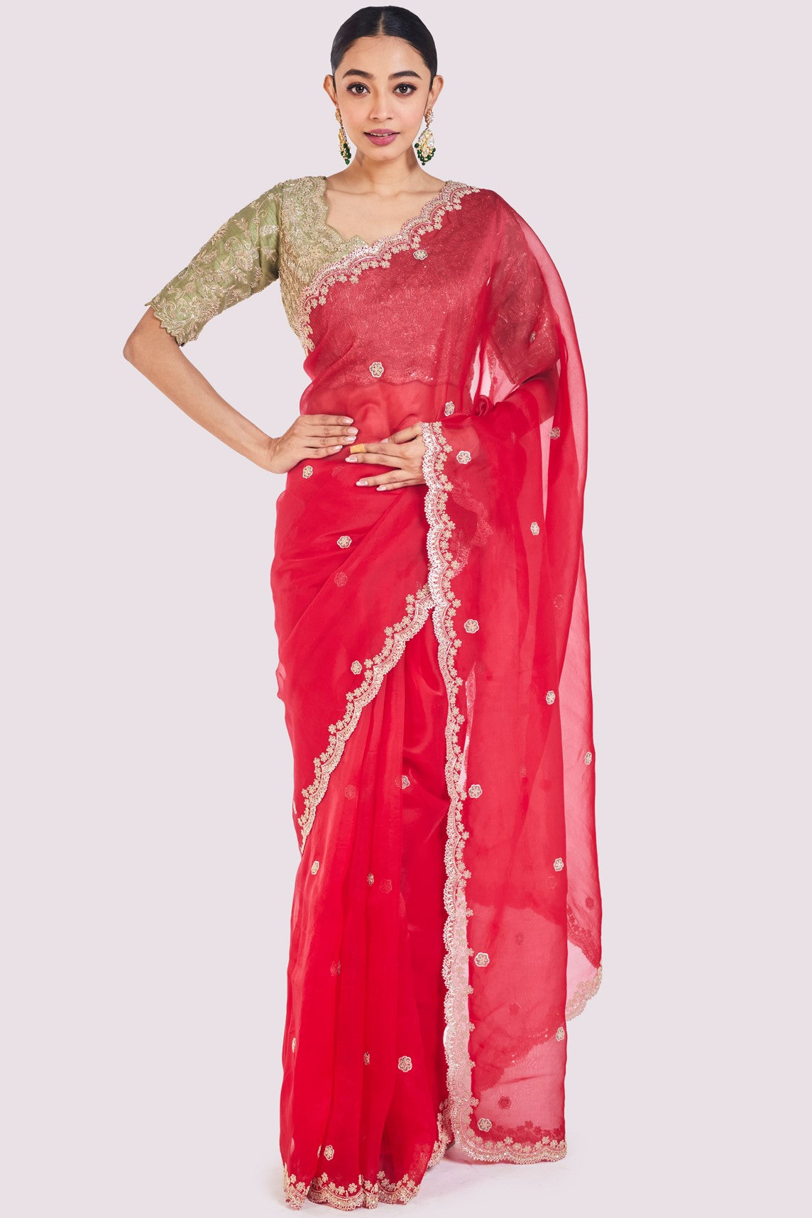 Buy red embroidered organza saree online in USA with green raw silk blouse. Look your best at parties and weddings in beautiful designer sarees, embroidered sarees, handwoven sarees, silk sarees, organza saris from Pure Elegance Indian saree store in USA.-full view
