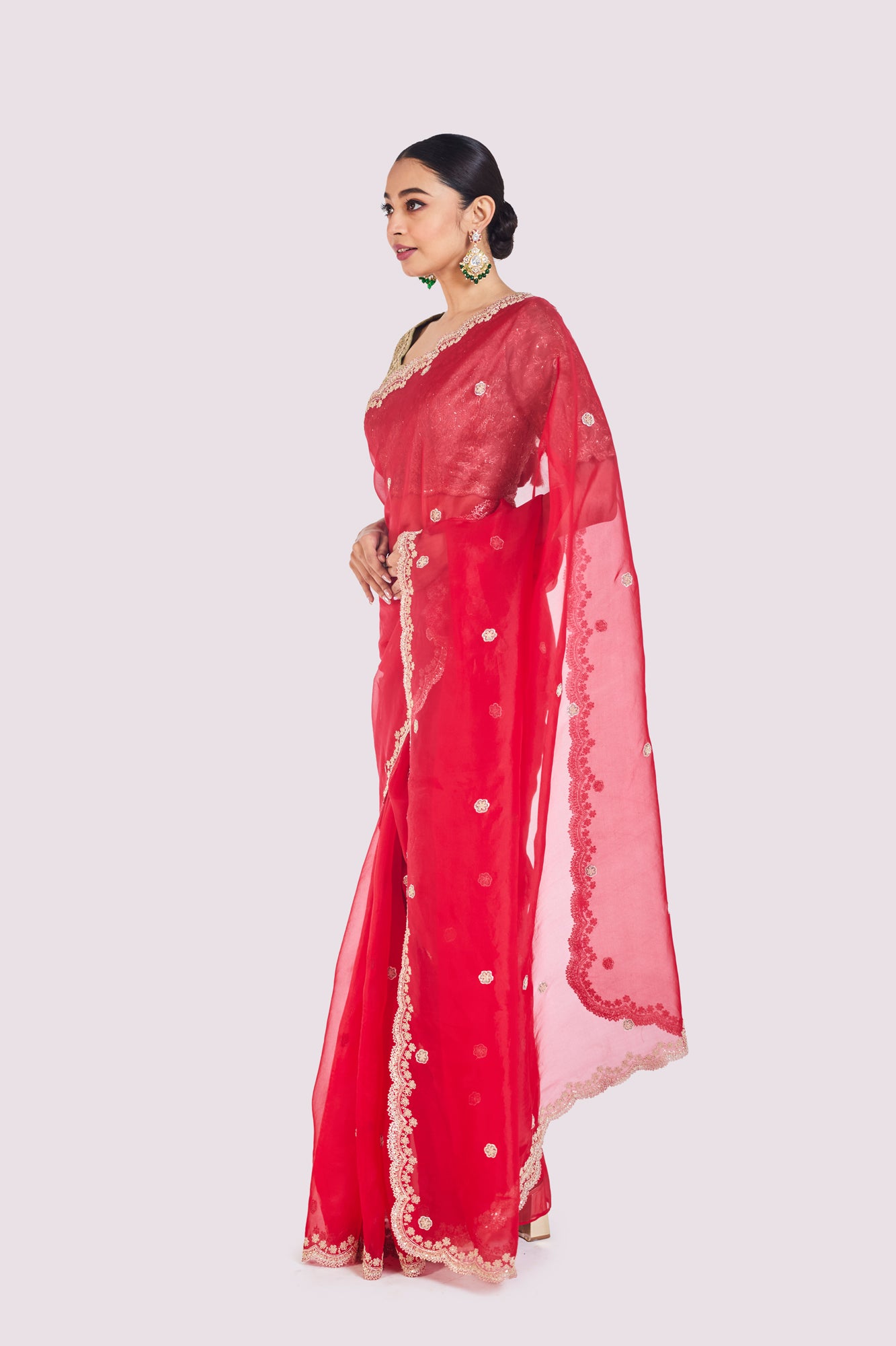 Buy red embroidered organza saree online in USA with green raw silk blouse. Look your best at parties and weddings in beautiful designer sarees, embroidered sarees, handwoven sarees, silk sarees, organza saris from Pure Elegance Indian saree store in USA.-side