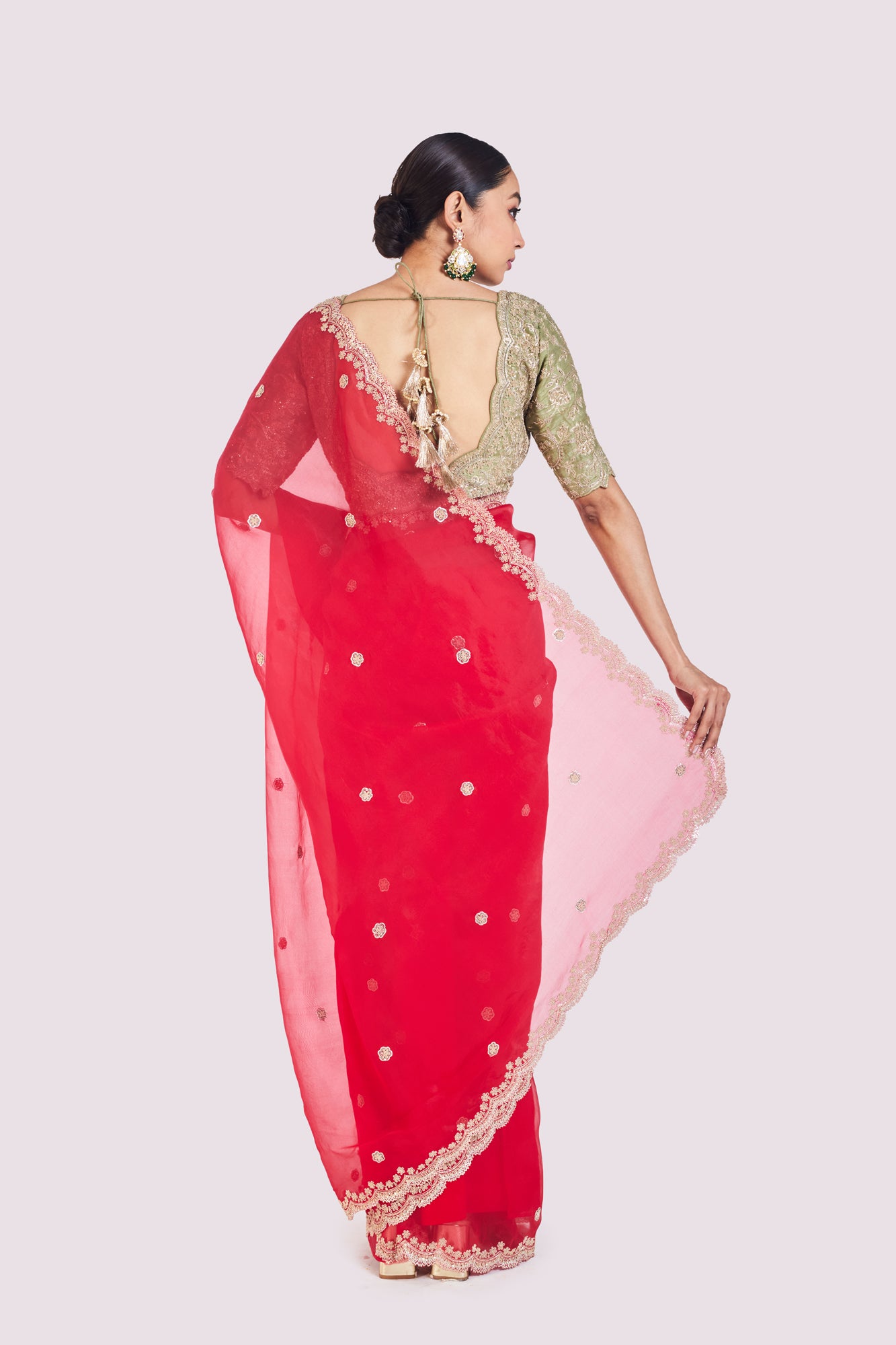 Buy red embroidered organza saree online in USA with green raw silk blouse. Look your best at parties and weddings in beautiful designer sarees, embroidered sarees, handwoven sarees, silk sarees, organza saris from Pure Elegance Indian saree store in USA.-back