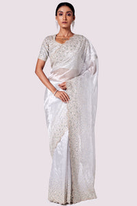 Shop beautiful steel grey embroidered tissue saree online in USA with blouse. Look your best at parties and weddings in beautiful designer sarees, embroidered sarees, handwoven sarees, silk sarees, organza saris from Pure Elegance Indian saree store in USA.-full view