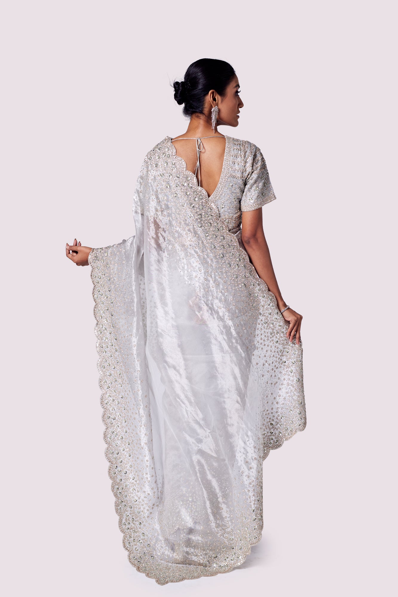 Shop beautiful steel grey embroidered tissue saree online in USA with blouse. Look your best at parties and weddings in beautiful designer sarees, embroidered sarees, handwoven sarees, silk sarees, organza saris from Pure Elegance Indian saree store in USA.-back
