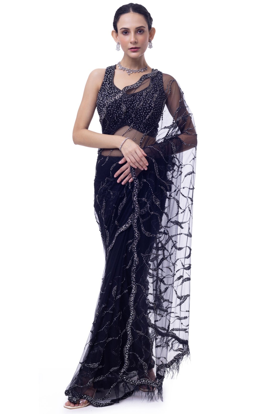 Buy black embroidered net saree online in USA with blouse. Look your best at parties and weddings in beautiful designer sarees, embroidered sarees, handwoven sarees, silk sarees, organza saris from Pure Elegance Indian saree store in USA.-full view