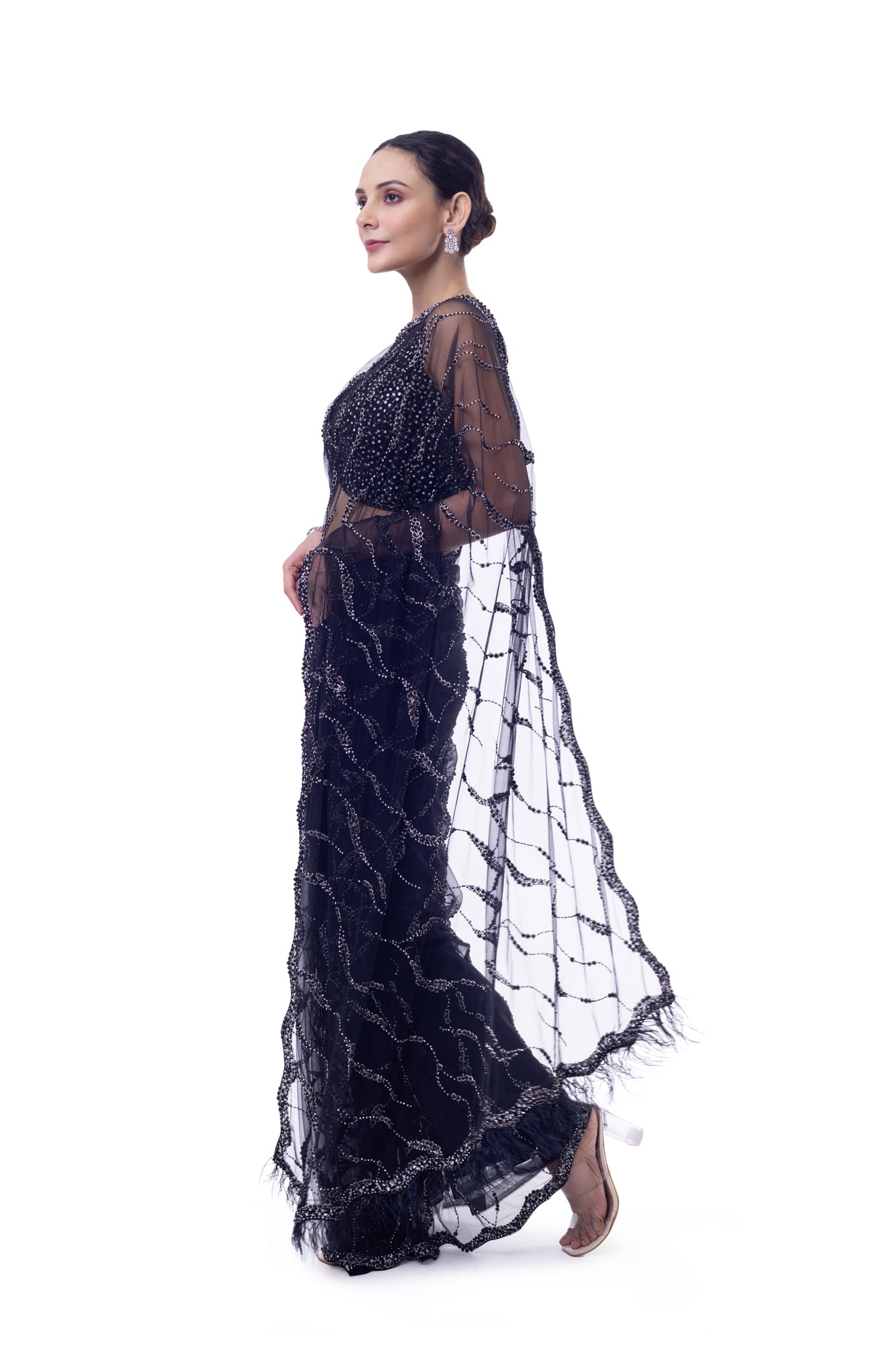 Buy black embroidered net saree online in USA with blouse. Look your best at parties and weddings in beautiful designer sarees, embroidered sarees, handwoven sarees, silk sarees, organza saris from Pure Elegance Indian saree store in USA.-pallu