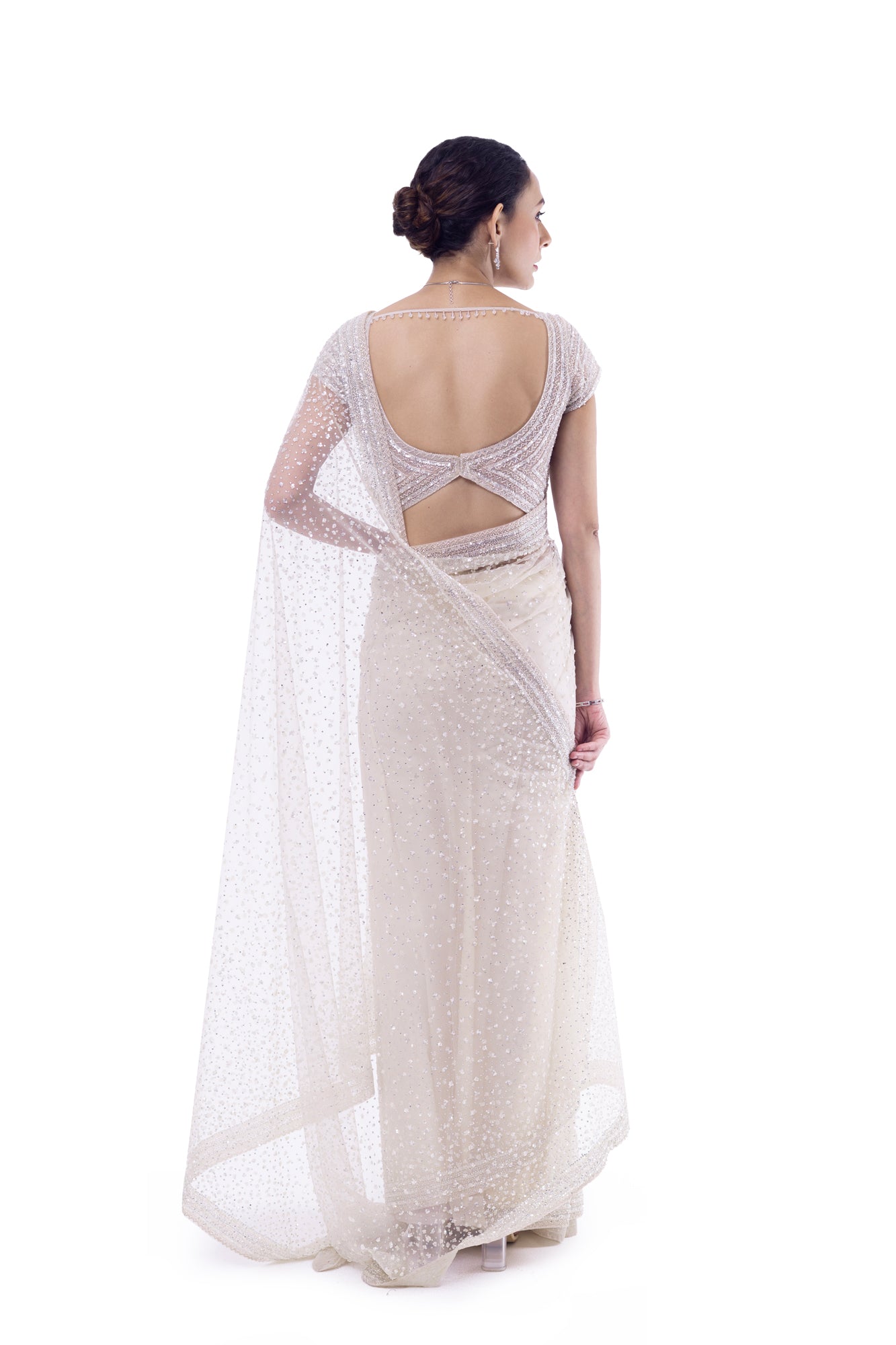 Shop off-white embroidered net saree online in USA with blouse. Look your best at parties and weddings in beautiful designer sarees, embroidered sarees, handwoven sarees, silk sarees, organza saris from Pure Elegance Indian saree store in USA.-back
