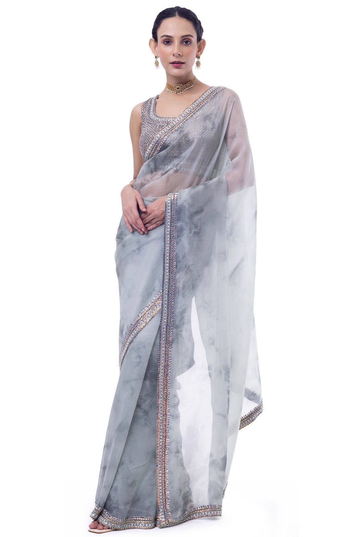Buy dusty green embroidered organza saree online in USA with blouse. Look your best at parties and weddings in beautiful designer sarees, embroidered sarees, handwoven sarees, silk sarees, organza saris from Pure Elegance Indian saree store in USA.-full view
