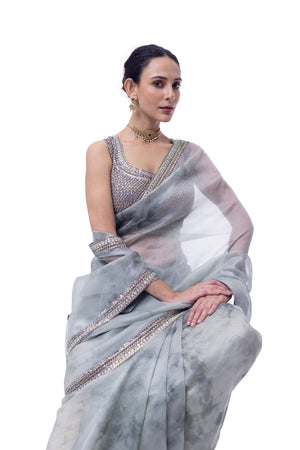 Buy dusty green embroidered organza saree online in USA with blouse. Look your best at parties and weddings in beautiful designer sarees, embroidered sarees, handwoven sarees, silk sarees, organza saris from Pure Elegance Indian saree store in USA.-closeup