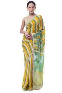 Shop yellow and green embroidered handloom saree online in USA with blouse. Look your best at parties and weddings in beautiful designer sarees, embroidered sarees, handwoven sarees, silk sarees, organza saris from Pure Elegance Indian saree store in USA.-full view