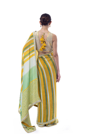 Shop yellow and green embroidered handloom saree online in USA with blouse. Look your best at parties and weddings in beautiful designer sarees, embroidered sarees, handwoven sarees, silk sarees, organza saris from Pure Elegance Indian saree store in USA.-back