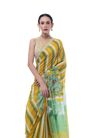 Shop yellow and green embroidered handloom saree online in USA with blouse. Look your best at parties and weddings in beautiful designer sarees, embroidered sarees, handwoven sarees, silk sarees, organza saris from Pure Elegance Indian saree store in USA.-closeup