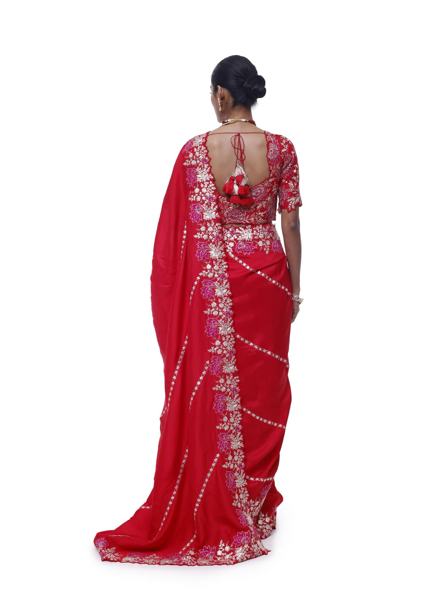 Buy crimson red zari handloom silk saree online in USA with blouse. Look your best at parties and weddings in beautiful designer sarees, embroidered sarees, handwoven sarees, silk sarees, organza saris from Pure Elegance Indian saree store in USA.-back
