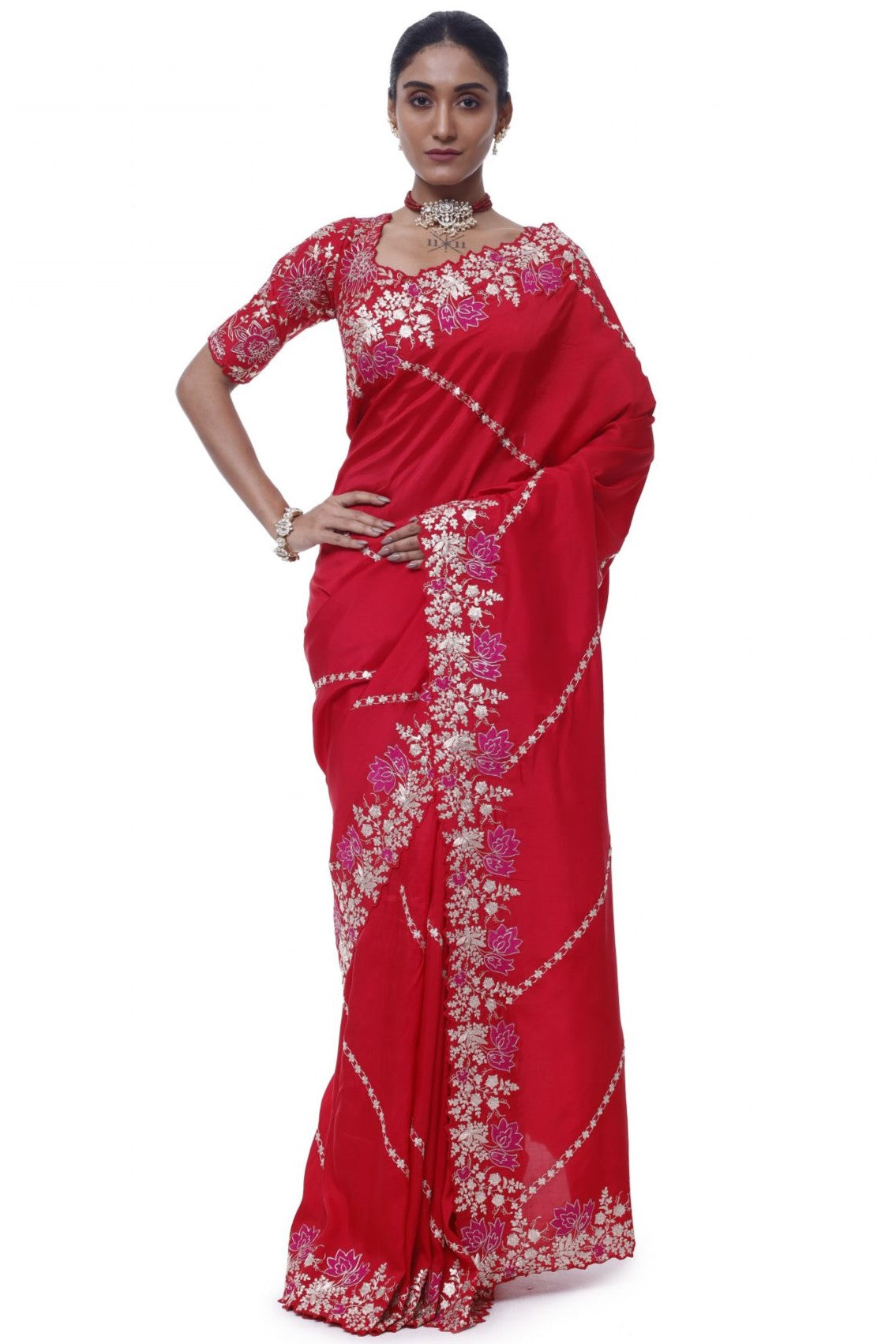 Buy crimson red zari handloom silk saree online in USA with blouse. Look your best at parties and weddings in beautiful designer sarees, embroidered sarees, handwoven sarees, silk sarees, organza saris from Pure Elegance Indian saree store in USA.-full view