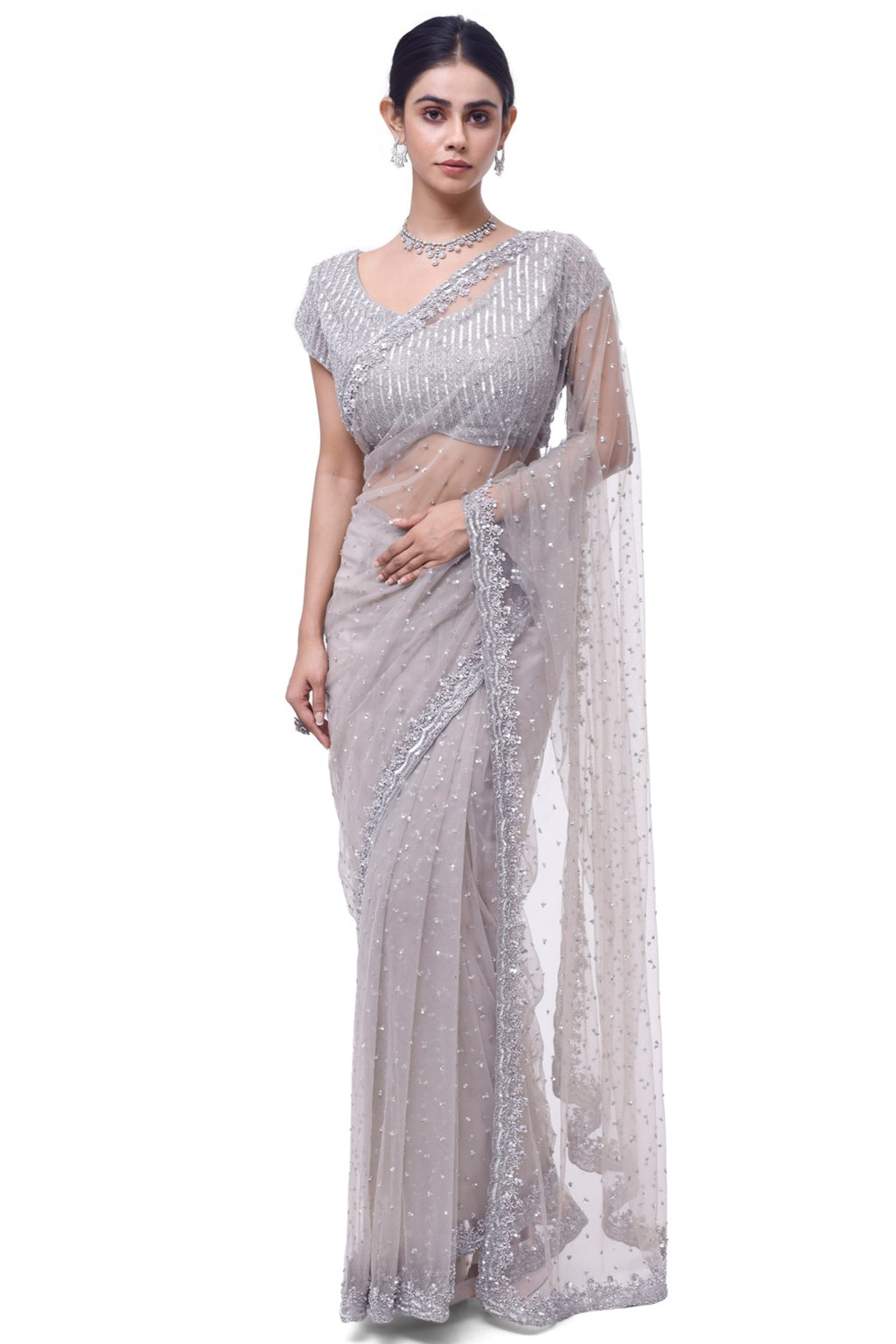 Shop beautiful light grey embroidered net saree online in USA with blouse. Look your best at parties and weddings in beautiful designer sarees, embroidered sarees, handwoven sarees, silk sarees, organza saris from Pure Elegance Indian saree store in USA.-full view