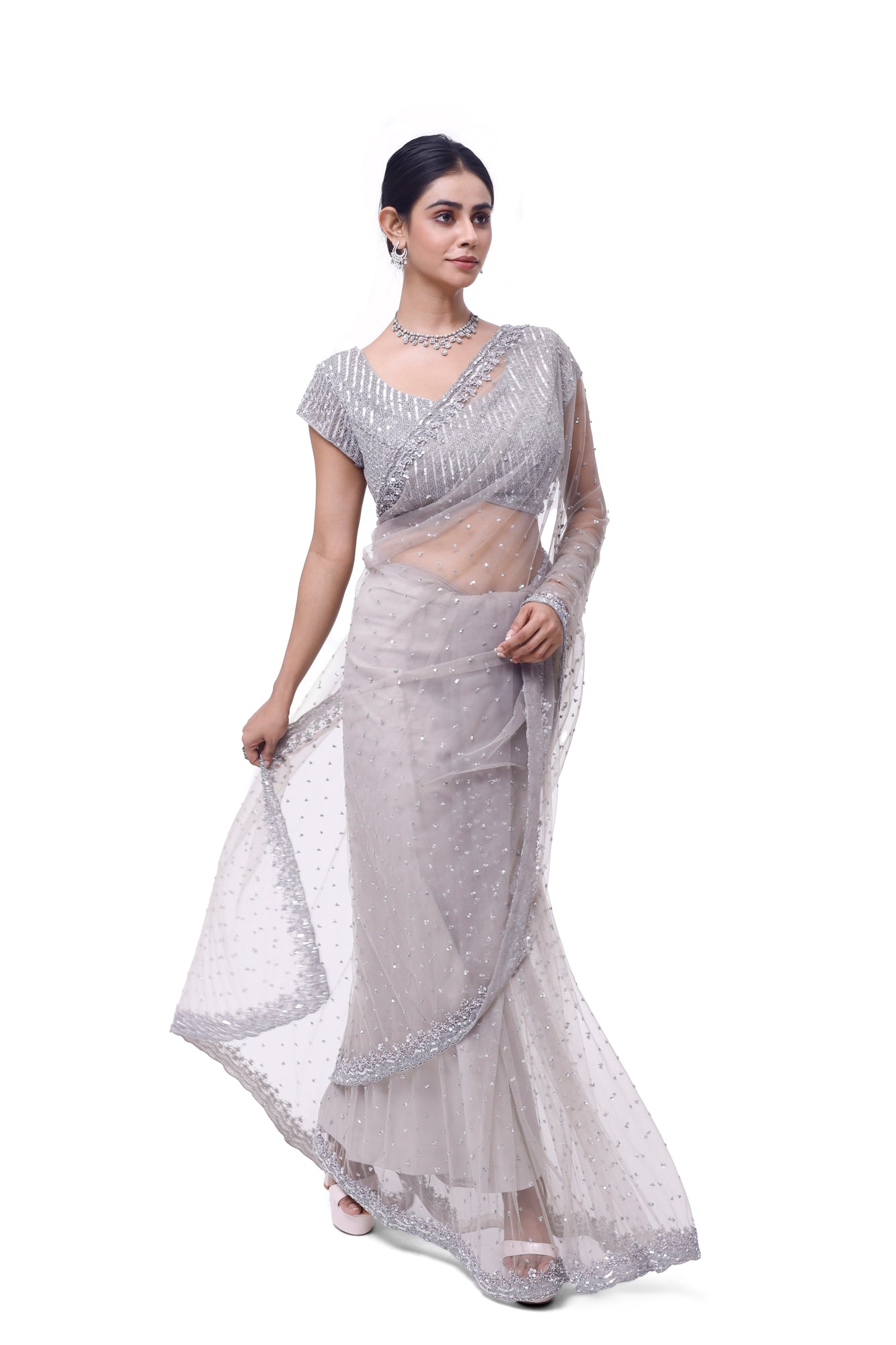 Shop beautiful light grey embroidered net saree online in USA with blouse. Look your best at parties and weddings in beautiful designer sarees, embroidered sarees, handwoven sarees, silk sarees, organza saris from Pure Elegance Indian saree store in USA.-saree