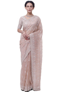 Buy dusty pink embroidered organza saree online in USA with raw silk blouse. Look your best at parties and weddings in beautiful designer sarees, embroidered sarees, handwoven sarees, silk sarees, organza saris from Pure Elegance Indian saree store in USA.-full view