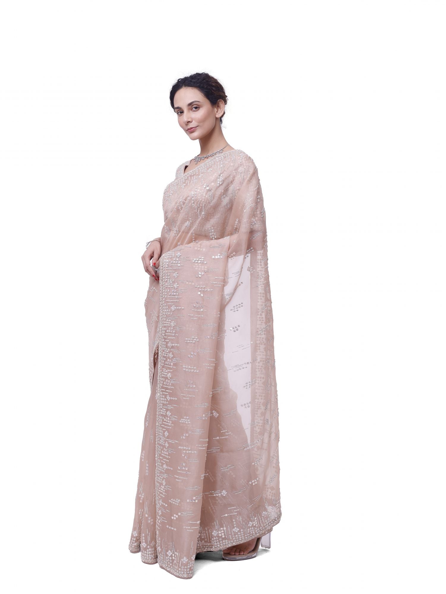 Buy dusty pink embroidered organza saree online in USA with raw silk blouse. Look your best at parties and weddings in beautiful designer sarees, embroidered sarees, handwoven sarees, silk sarees, organza saris from Pure Elegance Indian saree store in USA.-saree