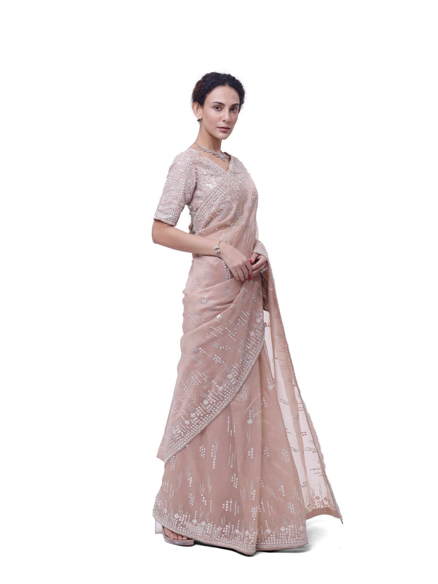 Buy dusty pink embroidered organza saree online in USA with raw silk blouse. Look your best at parties and weddings in beautiful designer sarees, embroidered sarees, handwoven sarees, silk sarees, organza saris from Pure Elegance Indian saree store in USA.-side