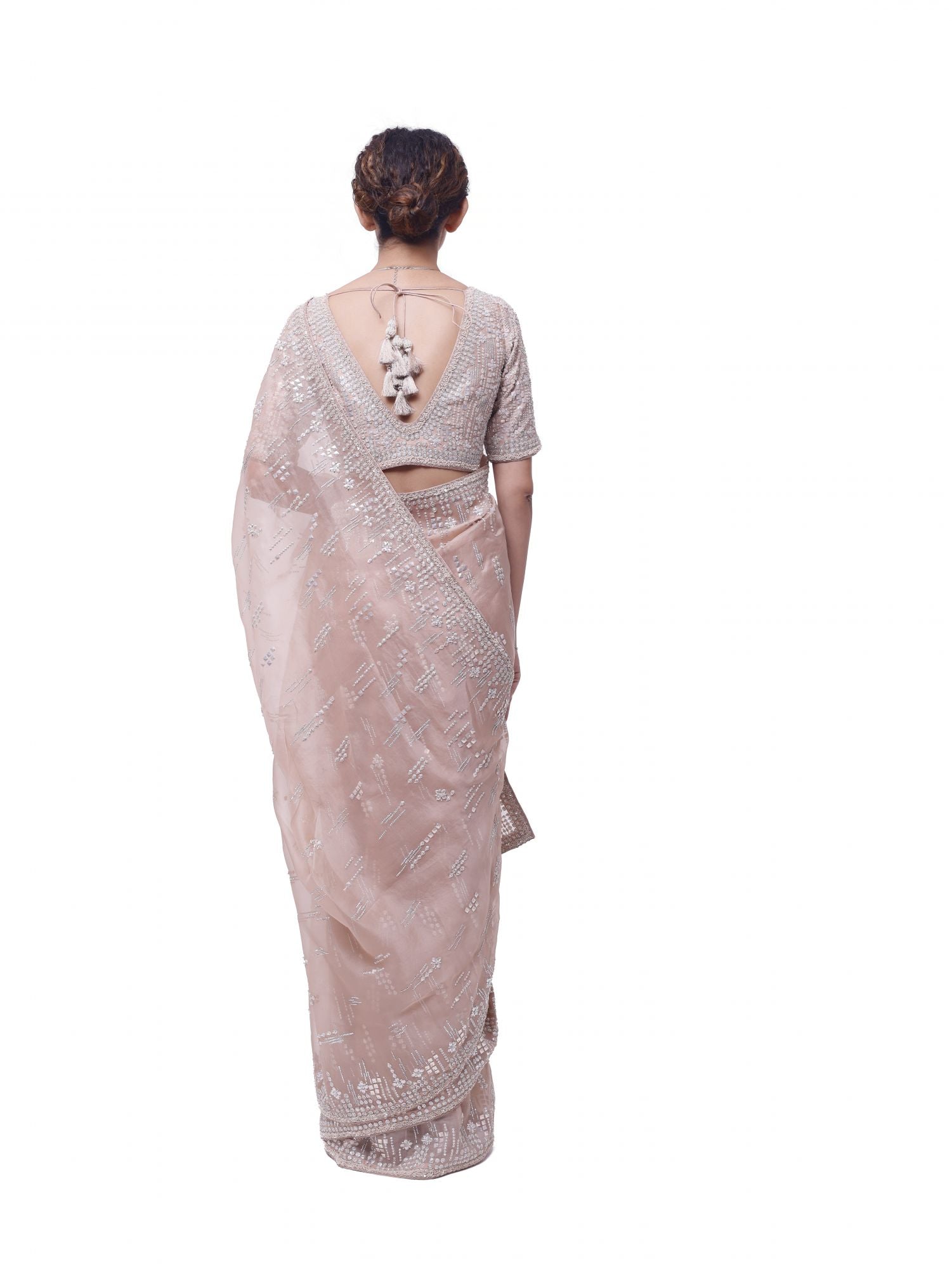 Buy dusty pink embroidered organza saree online in USA with raw silk blouse. Look your best at parties and weddings in beautiful designer sarees, embroidered sarees, handwoven sarees, silk sarees, organza saris from Pure Elegance Indian saree store in USA.-back