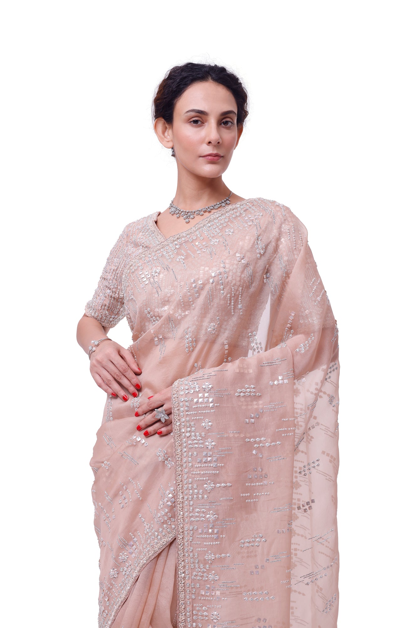 Buy dusty pink embroidered organza saree online in USA with raw silk blouse. Look your best at parties and weddings in beautiful designer sarees, embroidered sarees, handwoven sarees, silk sarees, organza saris from Pure Elegance Indian saree store in USA.-closeup