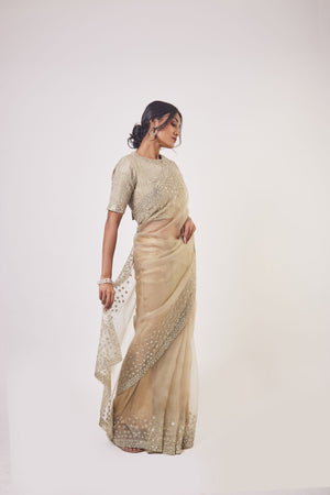 Shop beige organza saree online in USA with stone, cutdana and pearl work. Look your best at parties and weddings in beautiful designer sarees, embroidered sarees, handwoven sarees, silk sarees, organza saris from Pure Elegance Indian saree store in USA.-side