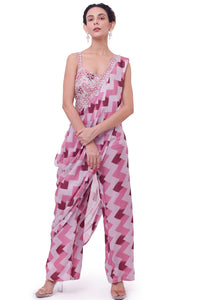 Shop pink geometric print satin pant saree online in USA with blouse. Look your best at parties and weddings in beautiful designer sarees, embroidered sarees, handwoven sarees, silk sarees, organza saris from Pure Elegance Indian saree store in USA.-full view