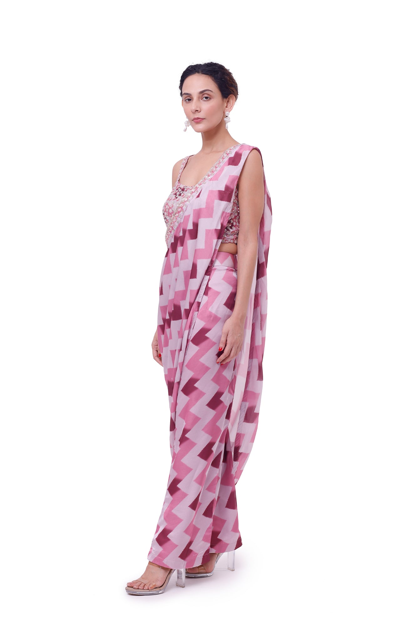 Shop pink geometric print satin pant saree online in USA with blouse. Look your best at parties and weddings in beautiful designer sarees, embroidered sarees, handwoven sarees, silk sarees, organza saris from Pure Elegance Indian saree store in USA.-side