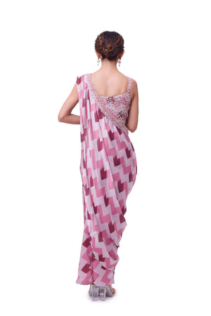 Shop pink geometric print satin pant saree online in USA with blouse. Look your best at parties and weddings in beautiful designer sarees, embroidered sarees, handwoven sarees, silk sarees, organza saris from Pure Elegance Indian saree store in USA.-back