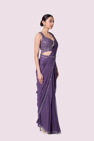 Buy lavender georgette pre-stitched saree online in USA with bustier blouse. Look your best at parties and weddings in beautiful designer sarees, embroidered sarees, handwoven sarees, silk sarees, organza saris from Pure Elegance Indian saree store in USA.-side