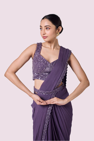 Buy lavender georgette pre-stitched saree online in USA with bustier blouse. Look your best at parties and weddings in beautiful designer sarees, embroidered sarees, handwoven sarees, silk sarees, organza saris from Pure Elegance Indian saree store in USA.-closeup