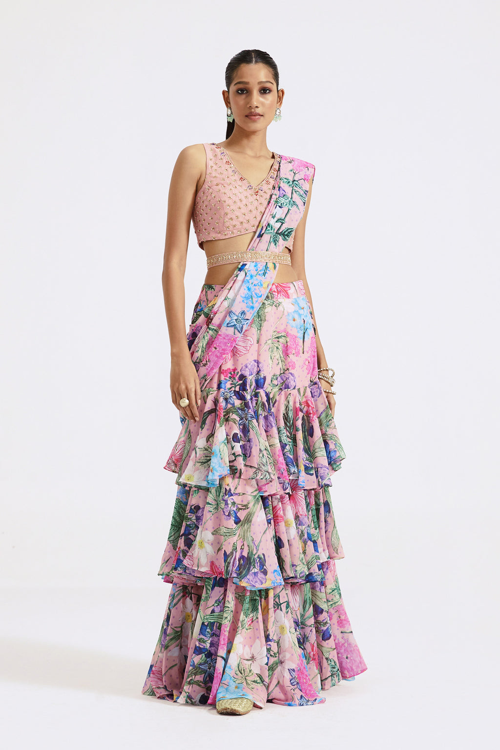 Buy pink floral print pre-draped saree online in USA with blouse. Look your best at parties and weddings in beautiful designer sarees, embroidered sarees, handwoven sarees, silk sarees, organza saris from Pure Elegance Indian saree store in USA.-full view