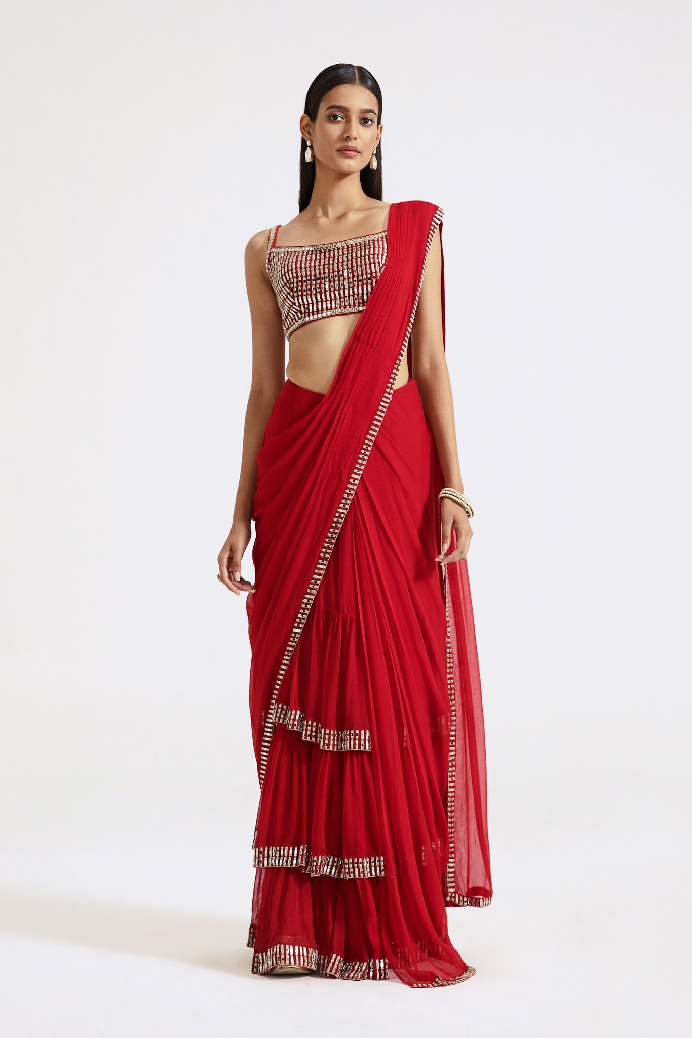 Buy red mirror work georgette pre-draped saree online in USA with embroidered blouse. Look your best at parties and weddings in beautiful designer sarees, embroidered sarees, handwoven sarees, silk sarees, organza saris from Pure Elegance Indian saree store in USA.-full view