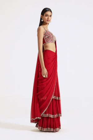 Buy red mirror work georgette pre-draped saree online in USA with embroidered blouse. Look your best at parties and weddings in beautiful designer sarees, embroidered sarees, handwoven sarees, silk sarees, organza saris from Pure Elegance Indian saree store in USA.-side