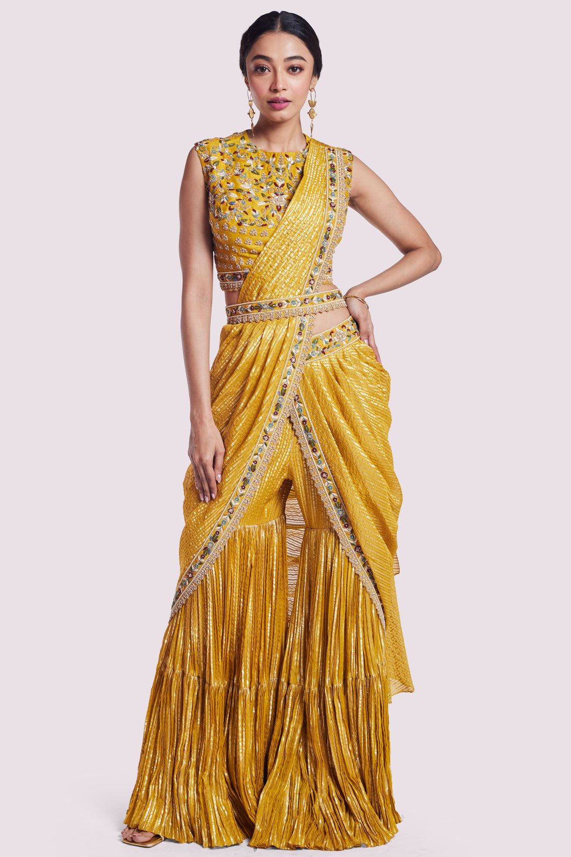 Buy mustard georgette draped saree online in USA with bustier blouse. Look your best at parties and weddings in beautiful designer sarees, embroidered sarees, handwoven sarees, silk sarees, organza saris from Pure Elegance Indian saree store in USA.-full view