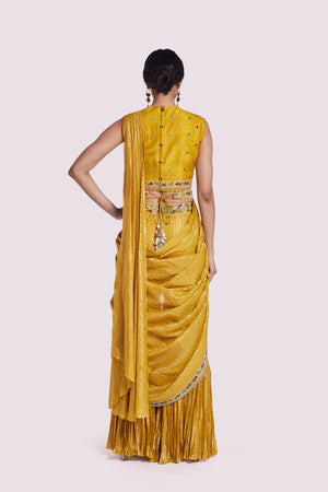 Buy mustard georgette draped saree online in USA with bustier blouse. Look your best at parties and weddings in beautiful designer sarees, embroidered sarees, handwoven sarees, silk sarees, organza saris from Pure Elegance Indian saree store in USA.-back