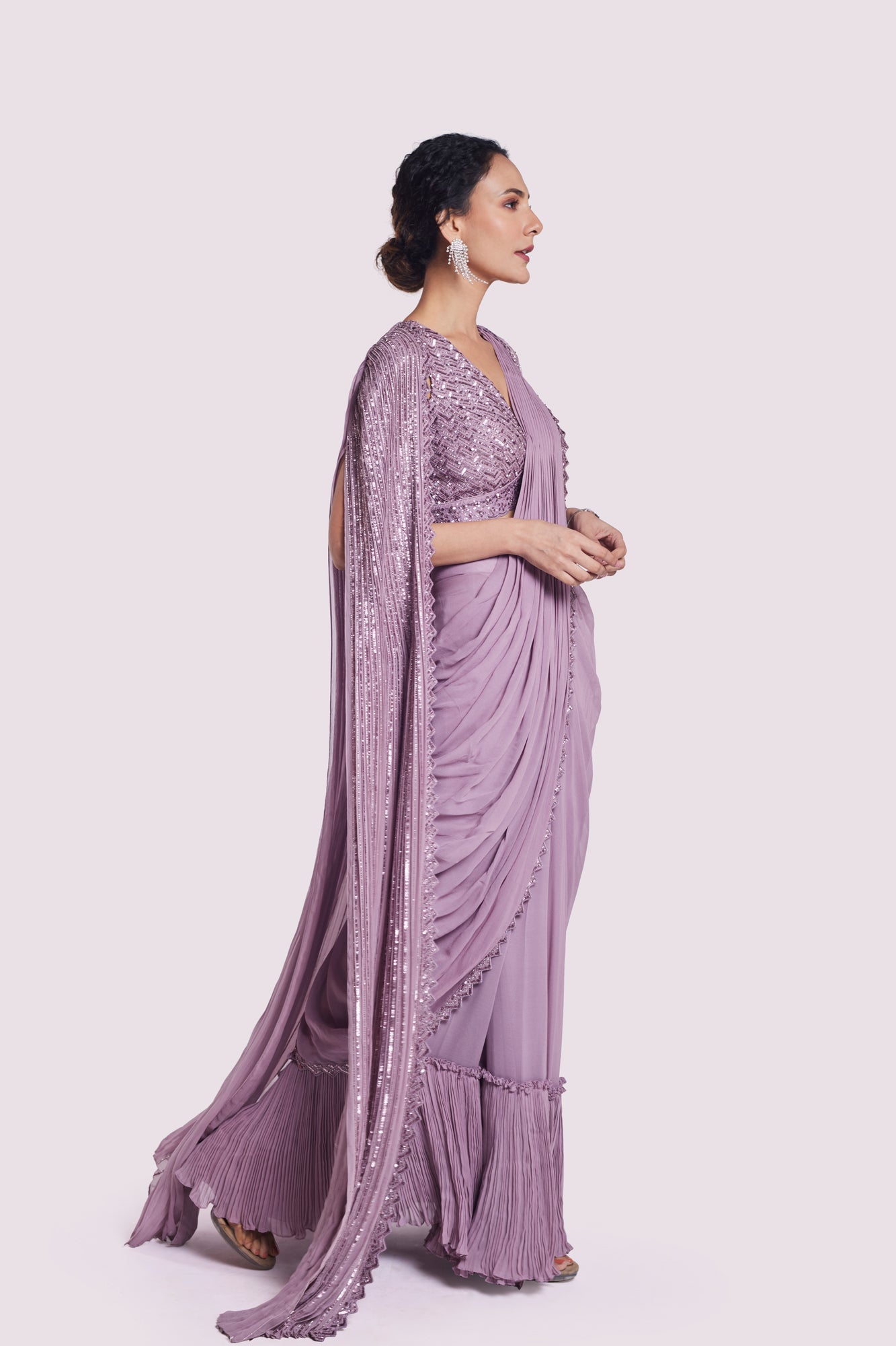 Buy mauve georgette draped saree online in USA with longline cape. Look your best at parties and weddings in beautiful designer sarees, embroidered sarees, handwoven sarees, silk sarees, organza saris from Pure Elegance Indian saree store in USA.-side