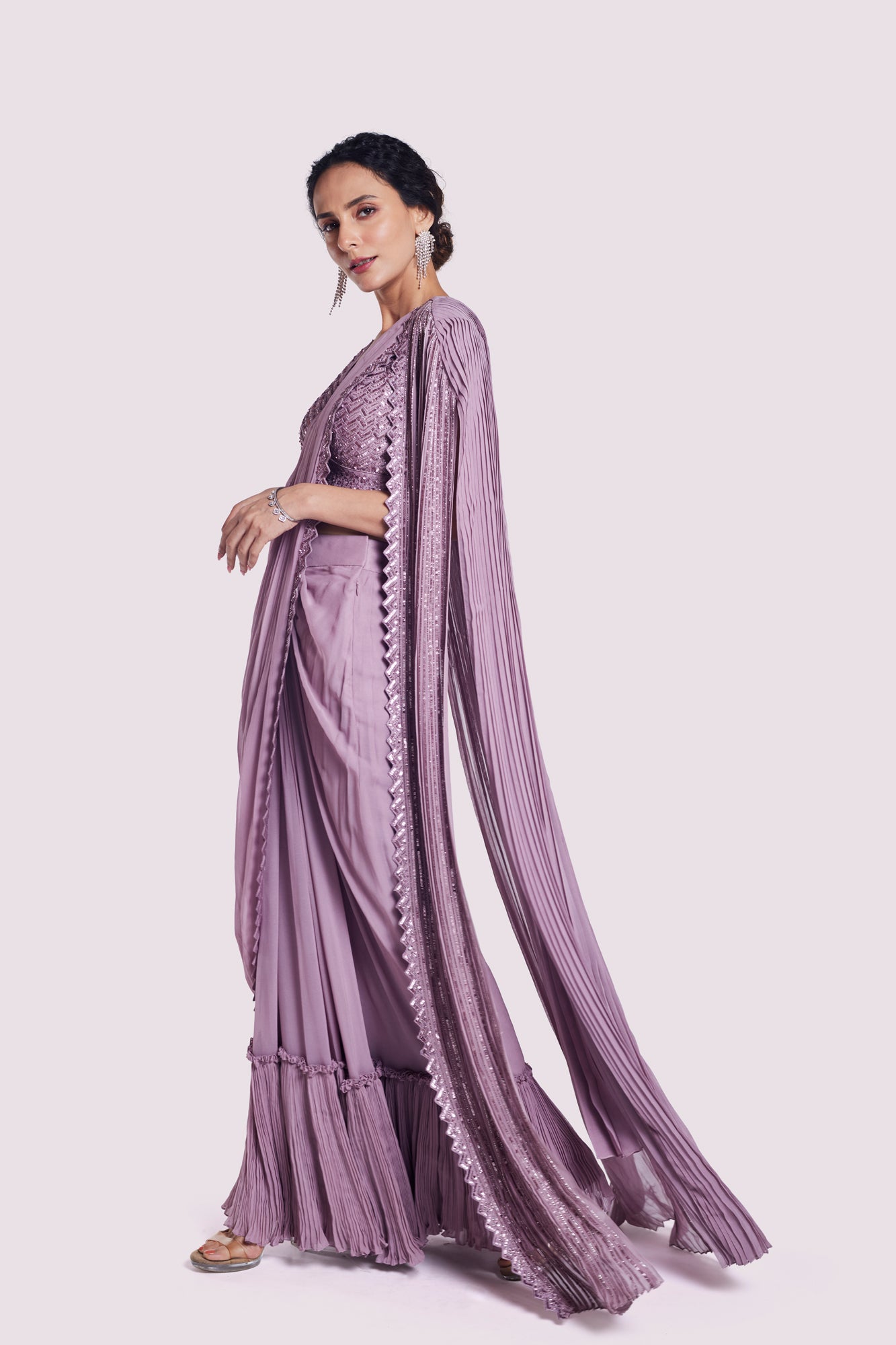 Buy mauve georgette draped saree online in USA with longline cape. Look your best at parties and weddings in beautiful designer sarees, embroidered sarees, handwoven sarees, silk sarees, organza saris from Pure Elegance Indian saree store in USA.-saree