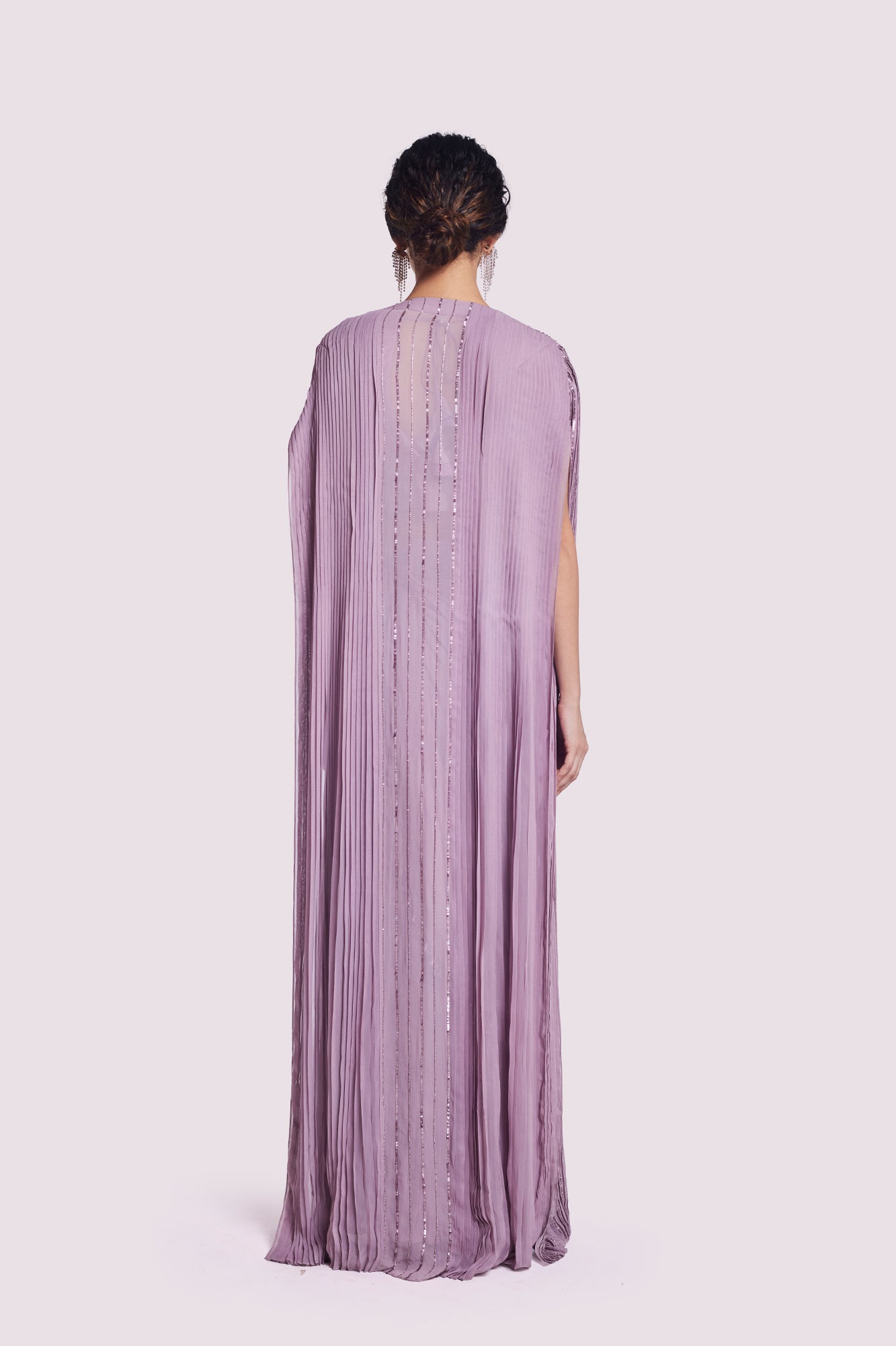 Buy mauve georgette draped saree online in USA with longline cape. Look your best at parties and weddings in beautiful designer sarees, embroidered sarees, handwoven sarees, silk sarees, organza saris from Pure Elegance Indian saree store in USA.-back