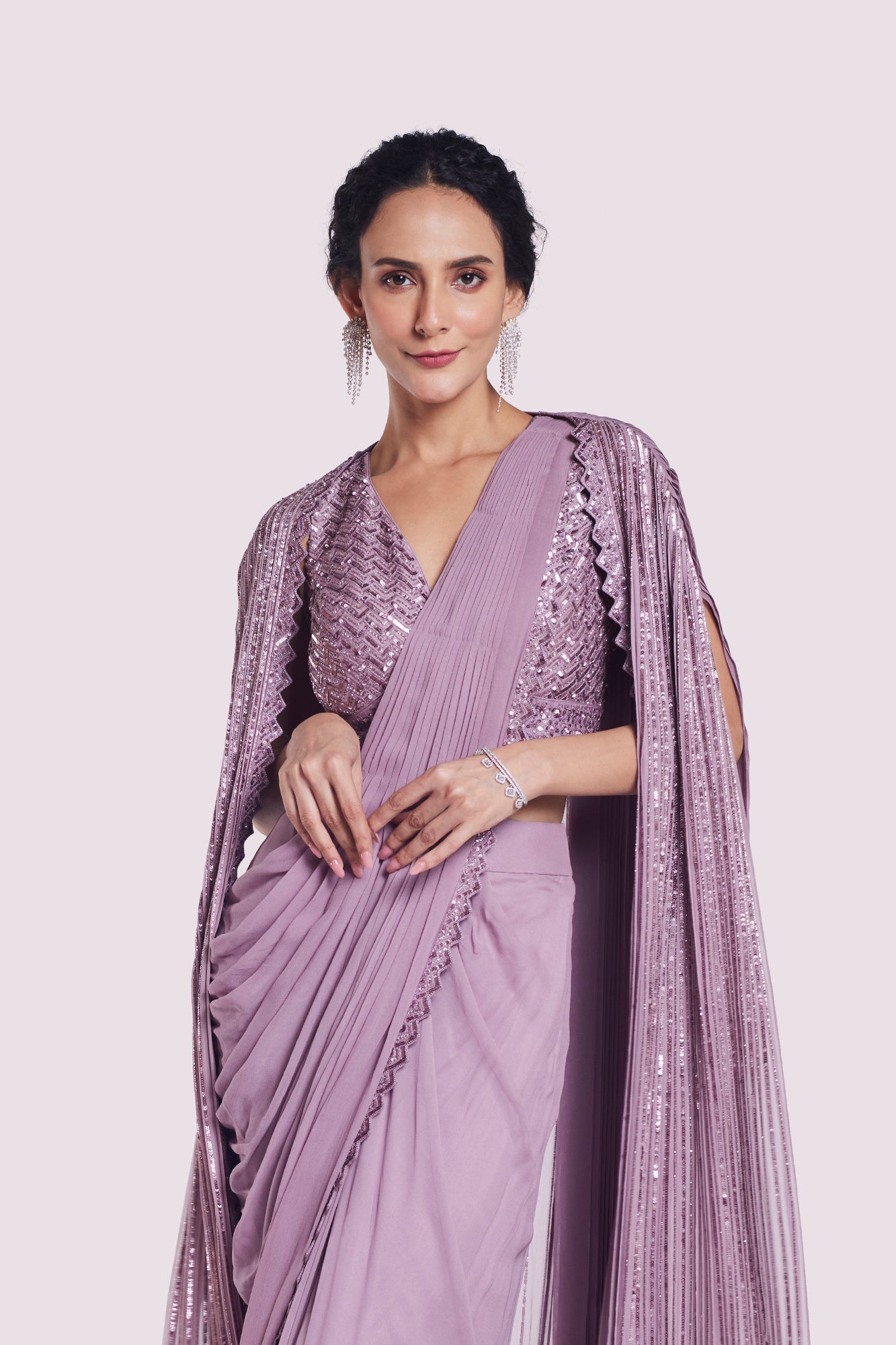 Buy mauve georgette draped saree online in USA with longline cape. Look your best at parties and weddings in beautiful designer sarees, embroidered sarees, handwoven sarees, silk sarees, organza saris from Pure Elegance Indian saree store in USA.-closeup