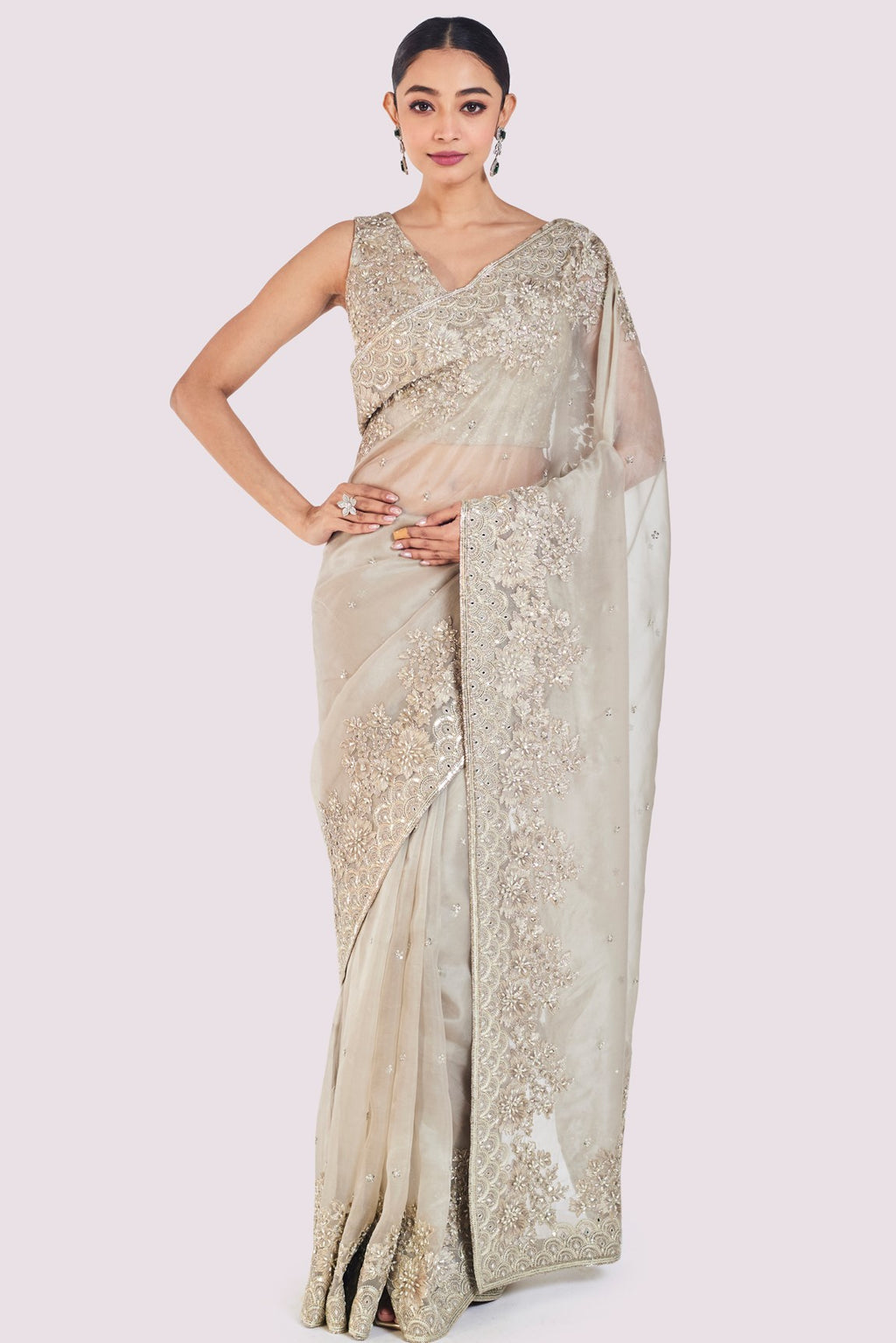Buy grey embroidered organza saree online in USA with silk blouse. Look your best at parties and weddings in beautiful designer sarees, embroidered sarees, handwoven sarees, silk sarees, organza saris from Pure Elegance Indian saree store in USA.-full view