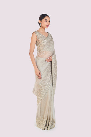 Buy grey embroidered organza saree online in USA with silk blouse. Look your best at parties and weddings in beautiful designer sarees, embroidered sarees, handwoven sarees, silk sarees, organza saris from Pure Elegance Indian saree store in USA.-saree
