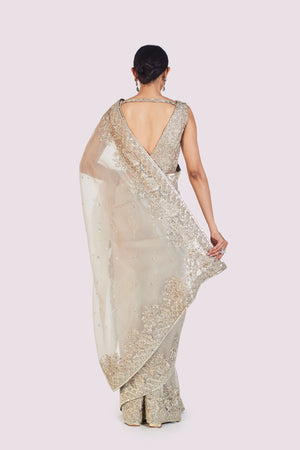 Buy grey embroidered organza saree online in USA with silk blouse. Look your best at parties and weddings in beautiful designer sarees, embroidered sarees, handwoven sarees, silk sarees, organza saris from Pure Elegance Indian saree store in USA.-back
