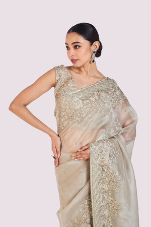 Buy grey embroidered organza saree online in USA with silk blouse. Look your best at parties and weddings in beautiful designer sarees, embroidered sarees, handwoven sarees, silk sarees, organza saris from Pure Elegance Indian saree store in USA.-closeup