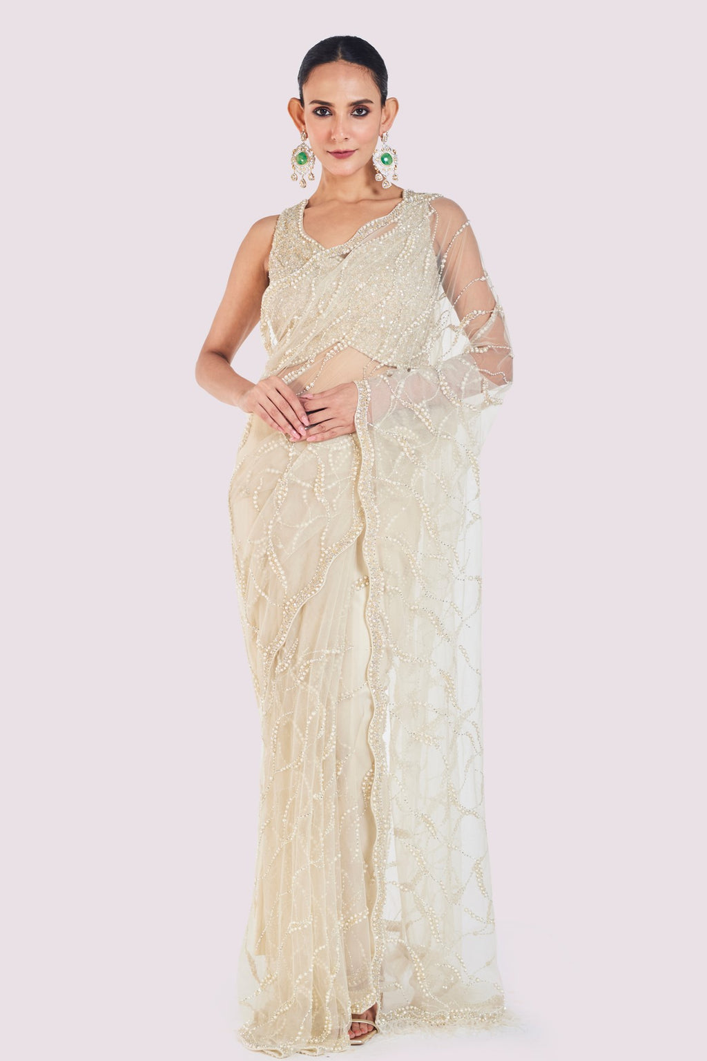 Shop beautiful ivory embroidered net saree online in USA with saree blouse. Look your best at parties and weddings in beautiful designer sarees, embroidered sarees, handwoven sarees, silk sarees, organza saris from Pure Elegance Indian saree store in USA.-full view