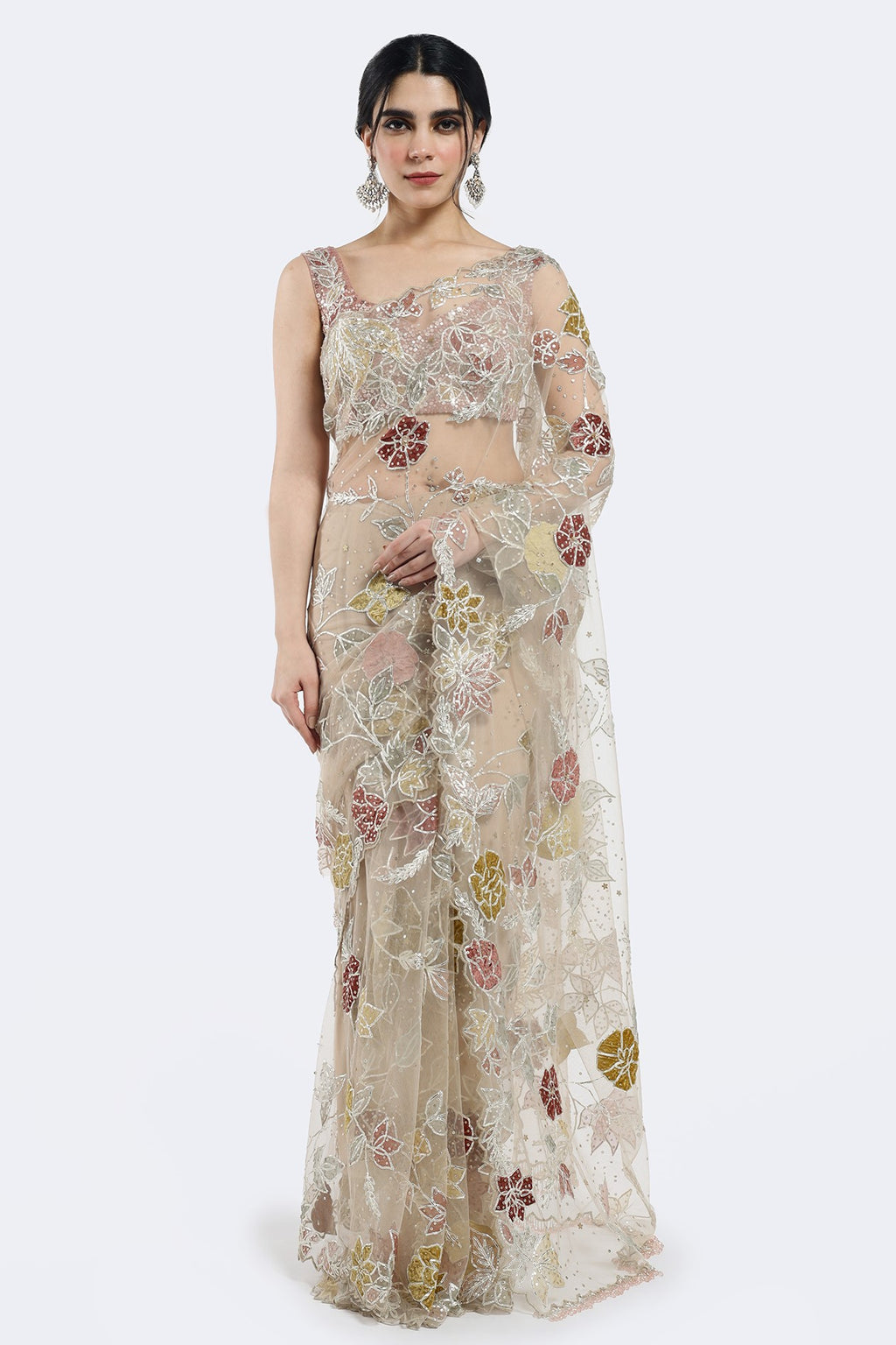 Shop beige heavy embroidery net saree online in USA with blouse. Look your best at parties and weddings in beautiful designer sarees, embroidered sarees, handwoven sarees, silk sarees, organza saris from Pure Elegance Indian saree store in USA.-full view